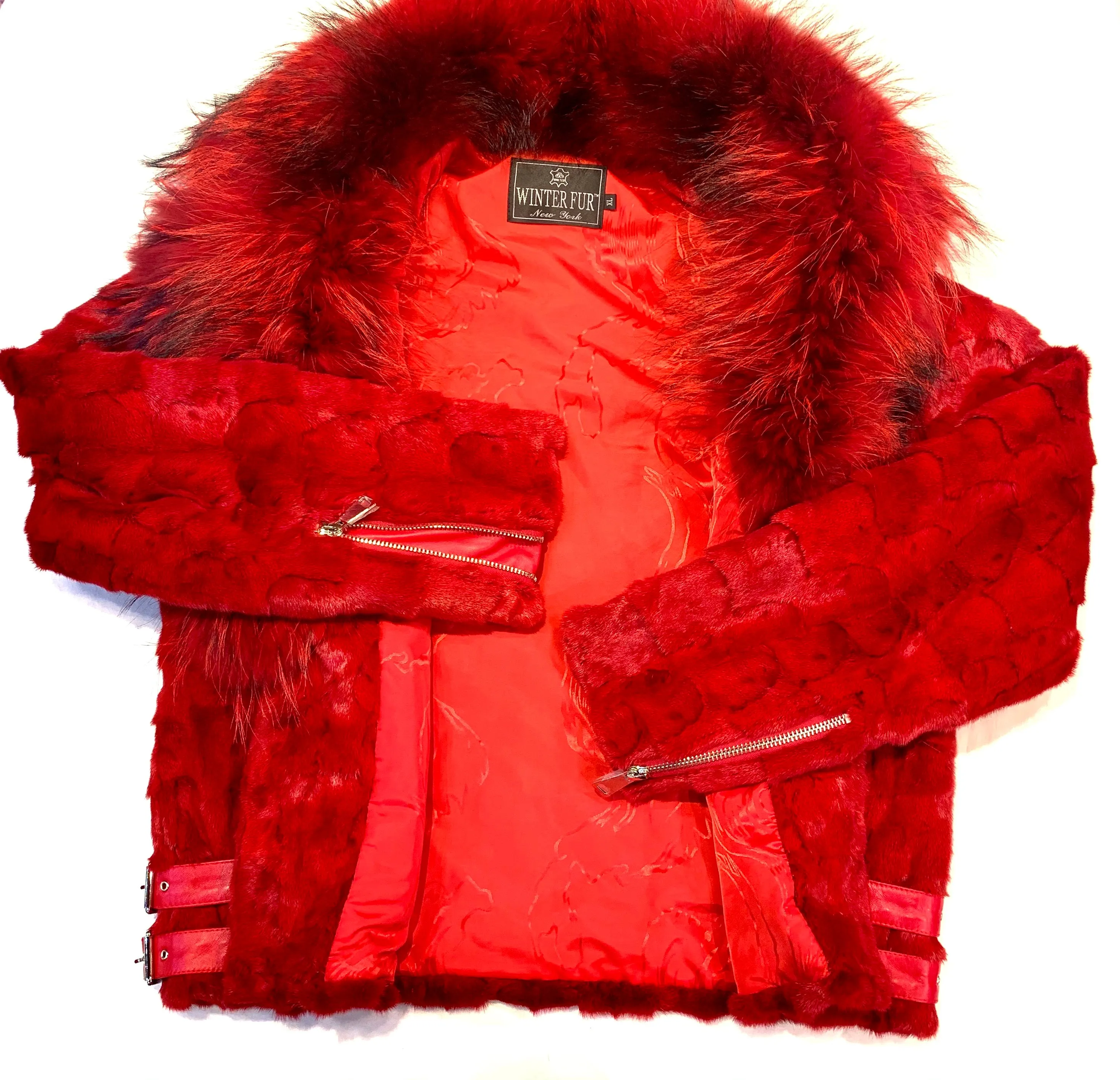 Kashani Mink Red Detachable Fox Collar Biker Jacket