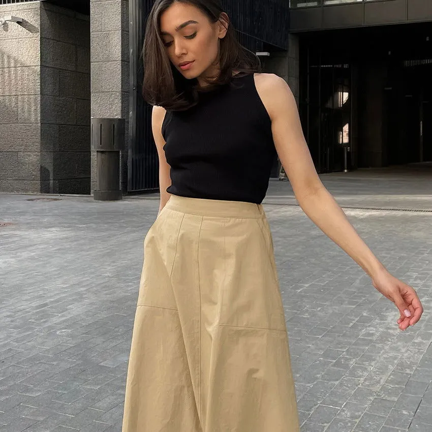 Khaki Cotton A Hem High Waist Office Skirt Autumn Women Clothing Long Skirt