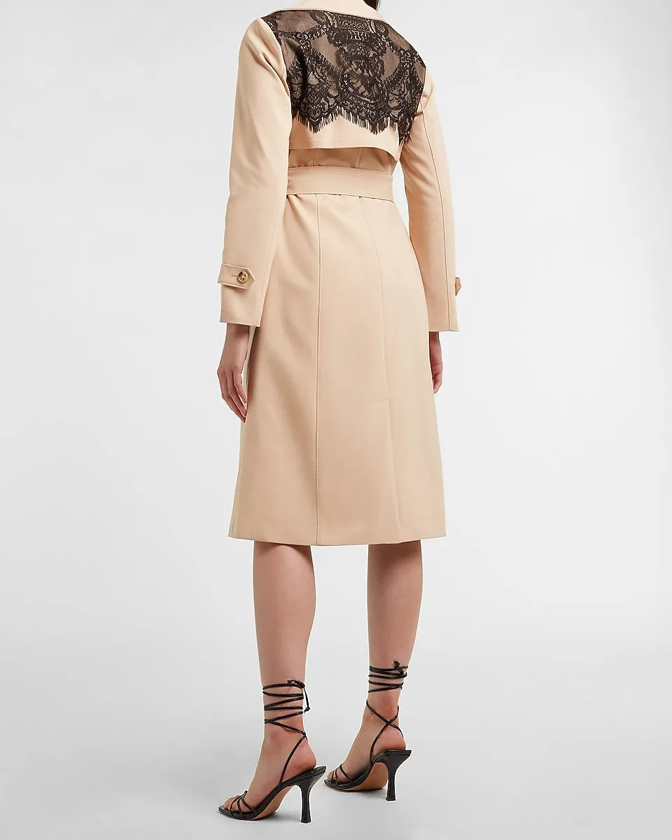 Lace Pieced Belted Trench Coat in Beige