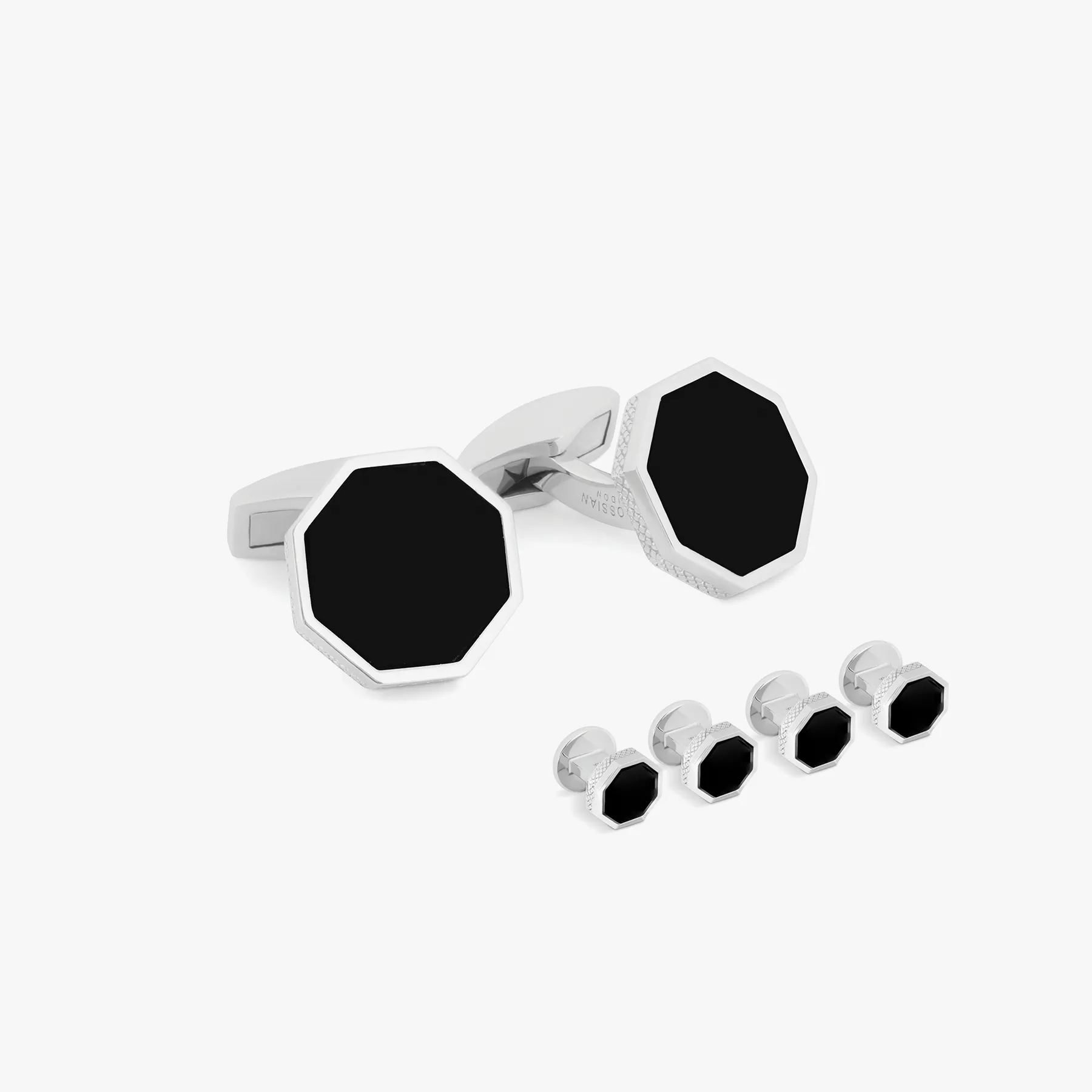 London Eye Cufflinks and Studs Set In Black Onyx With Rhodium Silver   