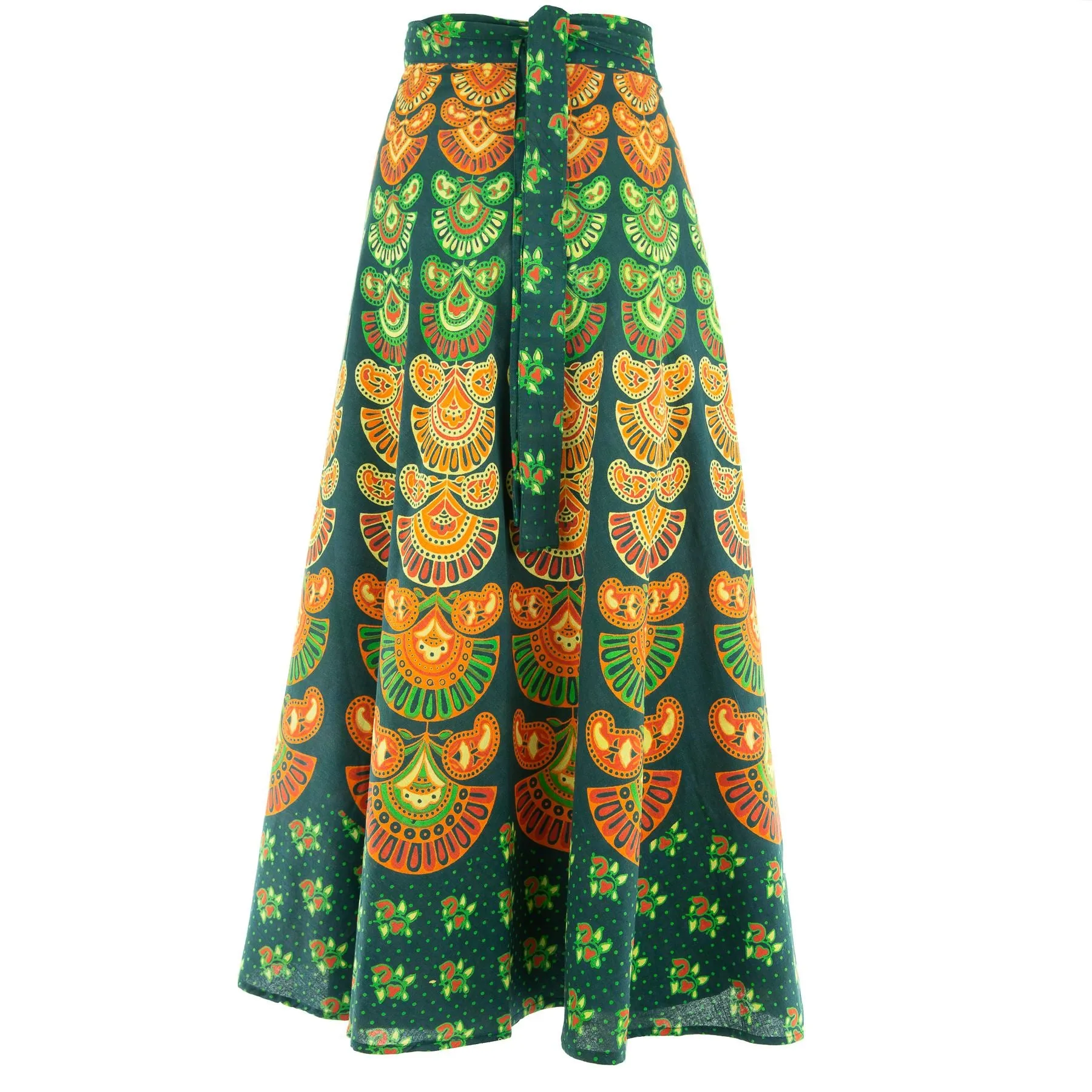 Long Maxi Wrap Skirt with Block Print Mandala - Dark Green