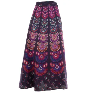 Long Maxi Wrap Skirt with Block Print Mandala - Purple & Blue