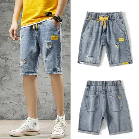 Loose Men Plus Size Elastic Waist Ripped Denim Shorts