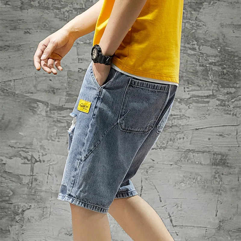 Loose Men Plus Size Elastic Waist Ripped Denim Shorts