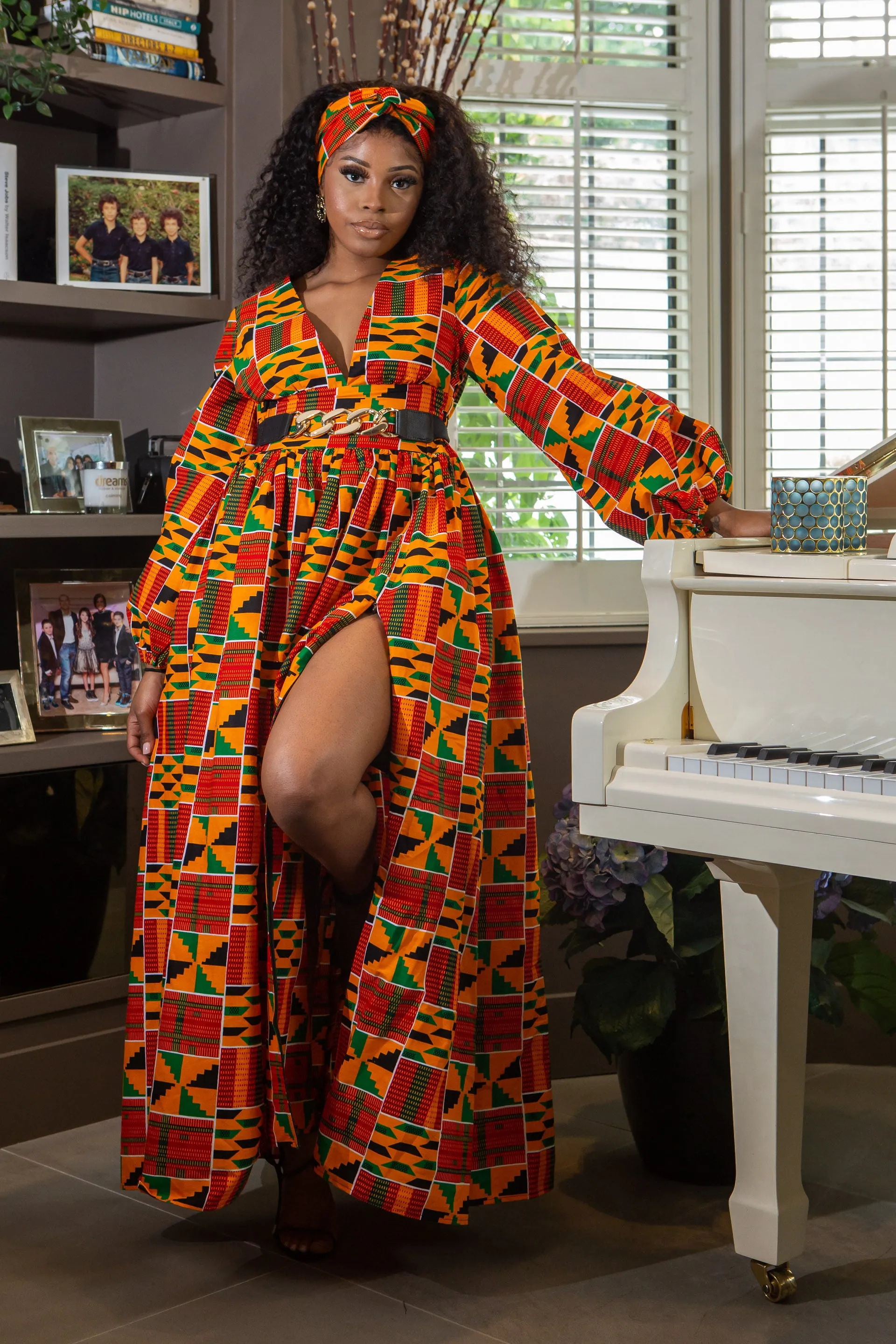 Low Neck Deep V Long Sleeve | African Maxi Dress  - KENYA