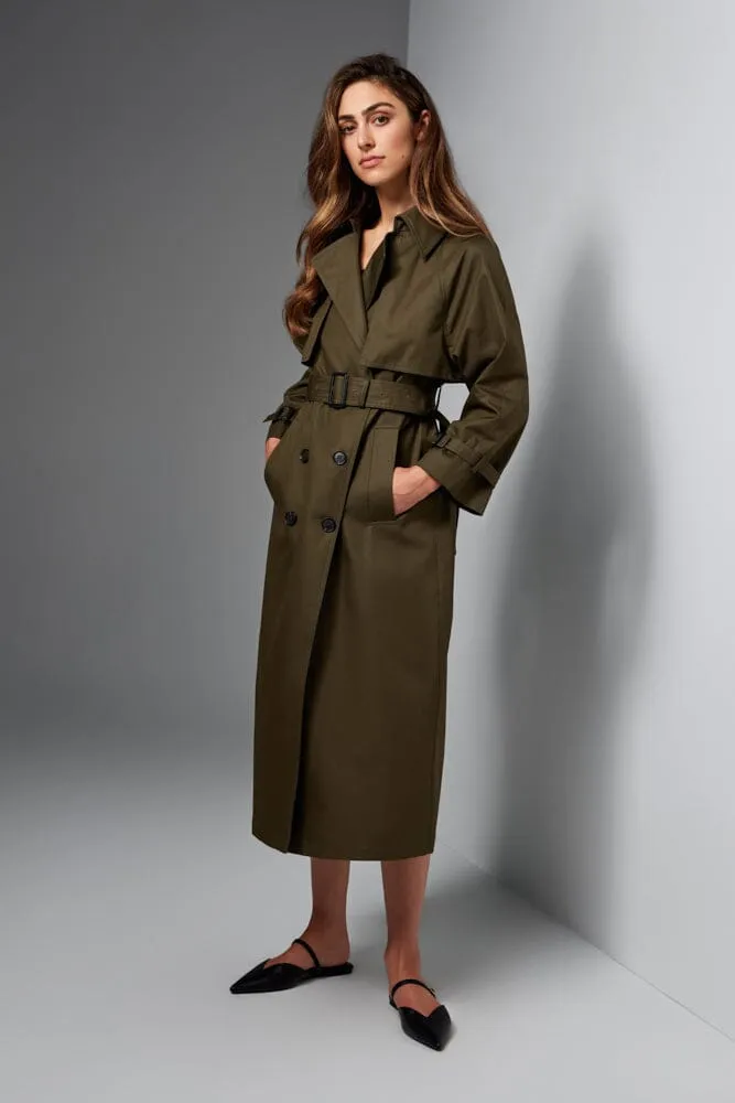 Maddie Oversized Trench Coat - Olive Cotton Gabardine