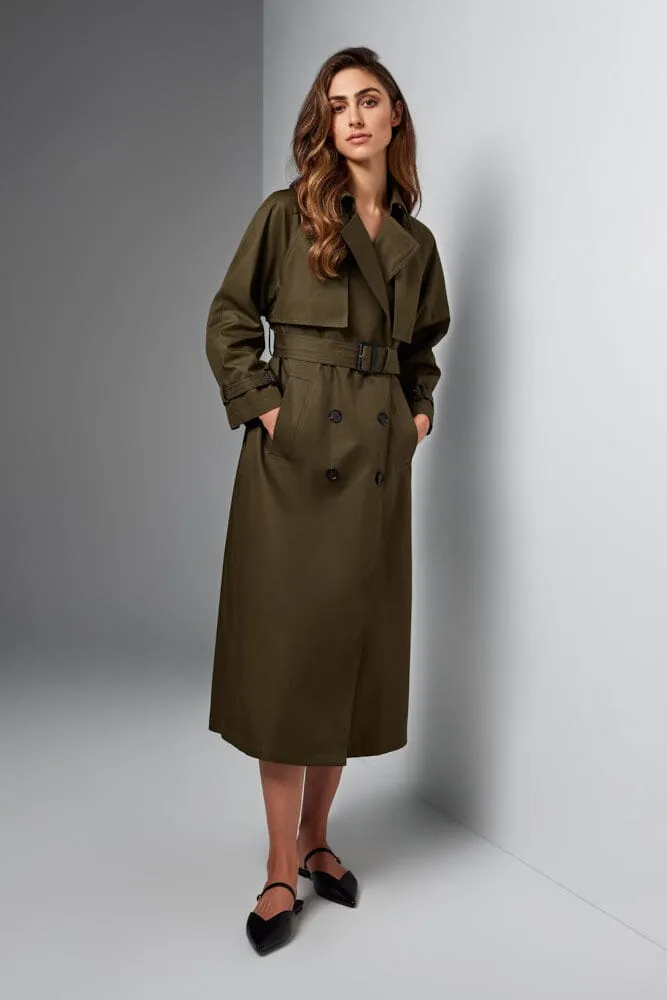 Maddie Oversized Trench Coat - Olive Cotton Gabardine