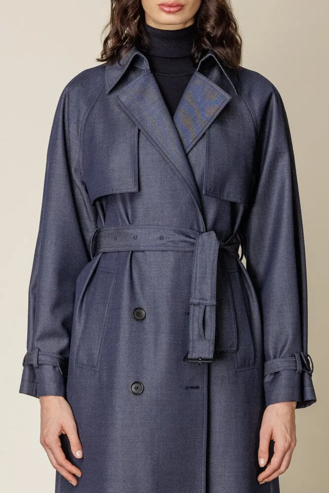 Maddie Trench Coat - Denim Blue Wool Gabardine