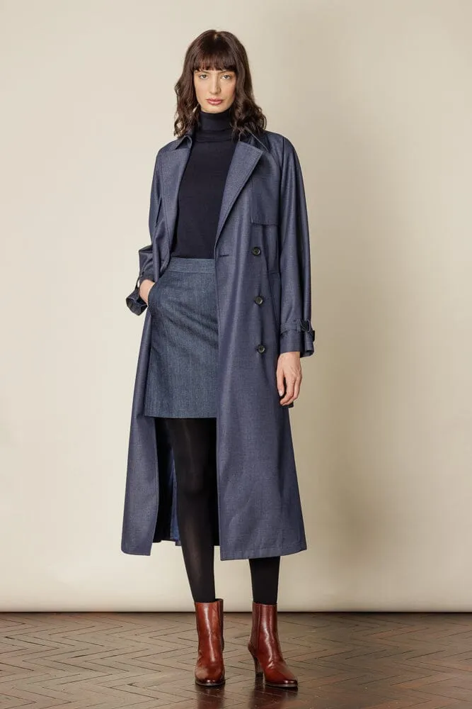 Maddie Trench Coat - Denim Blue Wool Gabardine