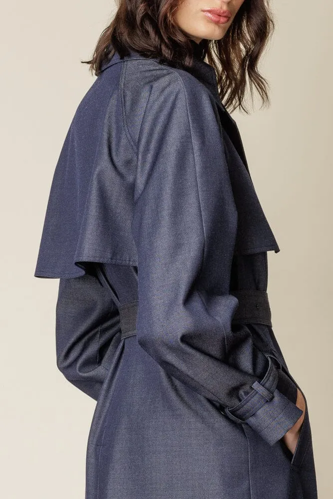 Maddie Trench Coat - Denim Blue Wool Gabardine