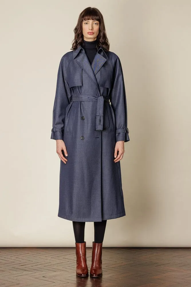 Maddie Trench Coat - Denim Blue Wool Gabardine