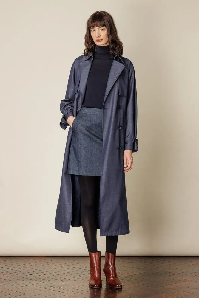 Maddie Trench Coat - Denim Blue Wool Gabardine