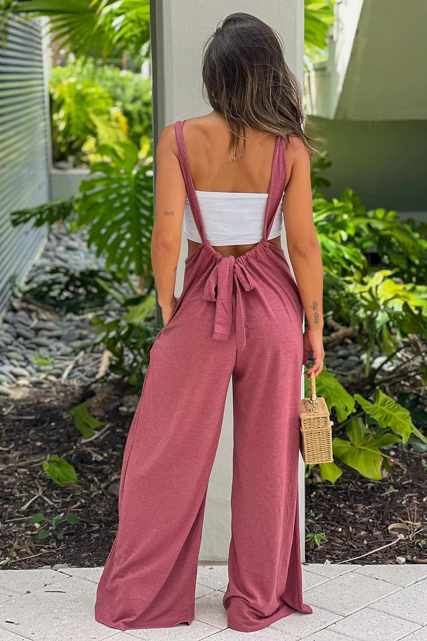 Mauve Jumpsuit With Pockets And Tie Back