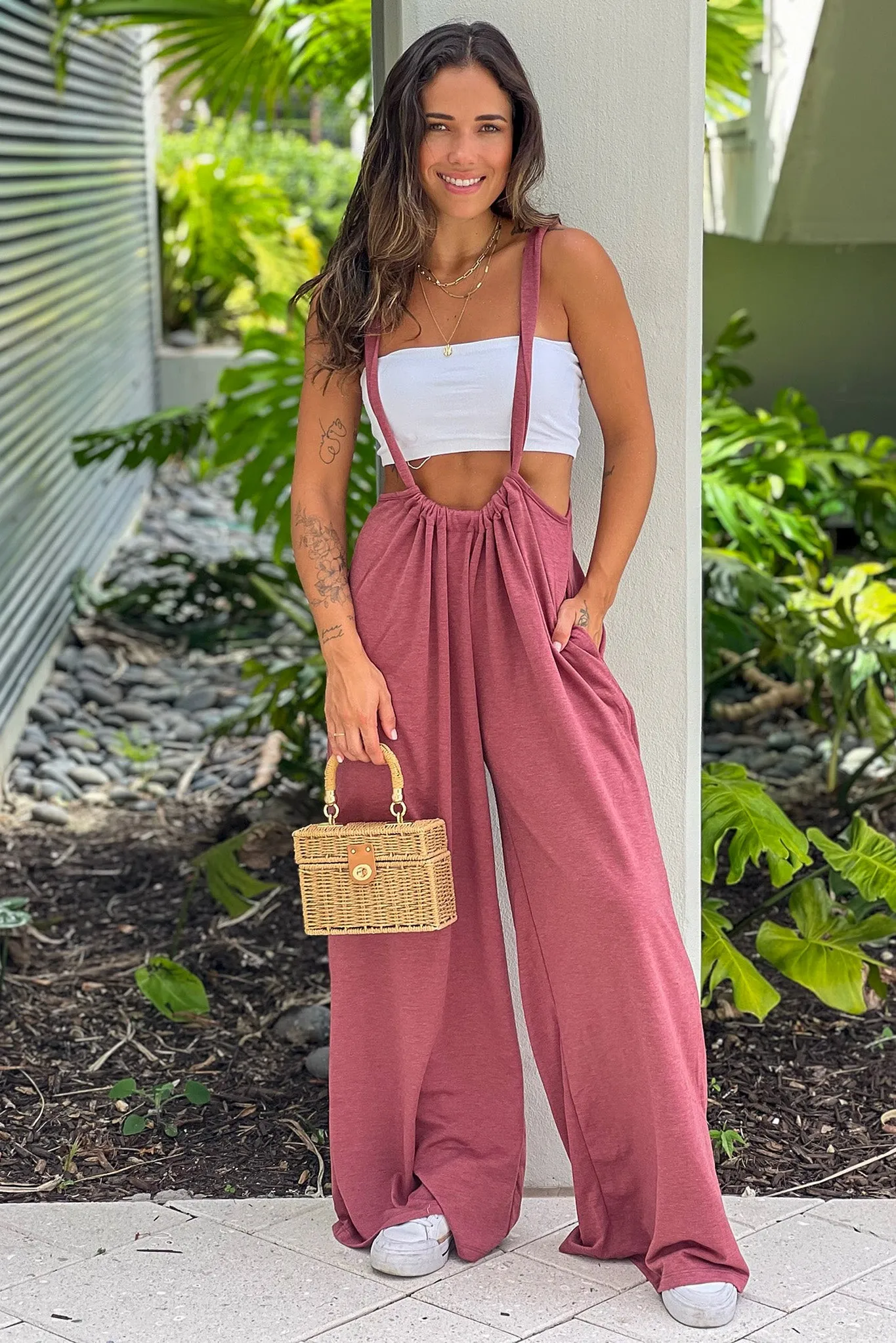 Mauve Jumpsuit With Pockets And Tie Back