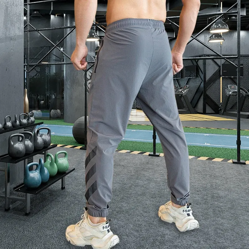 Men Gym Fitness Sports Running Trousers Outdoor Workout Jogging Sweatpants Dry Fit Leggings Zipper Pockets Long Pants