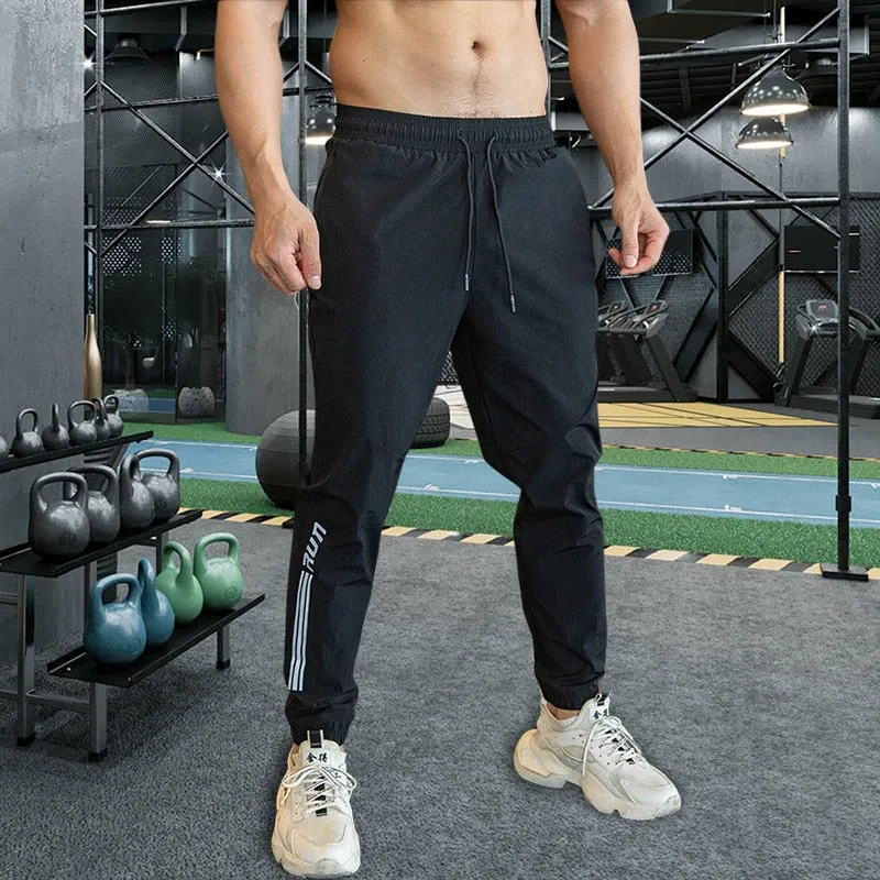 Men Gym Fitness Sports Running Trousers Outdoor Workout Jogging Sweatpants Dry Fit Leggings Zipper Pockets Long Pants