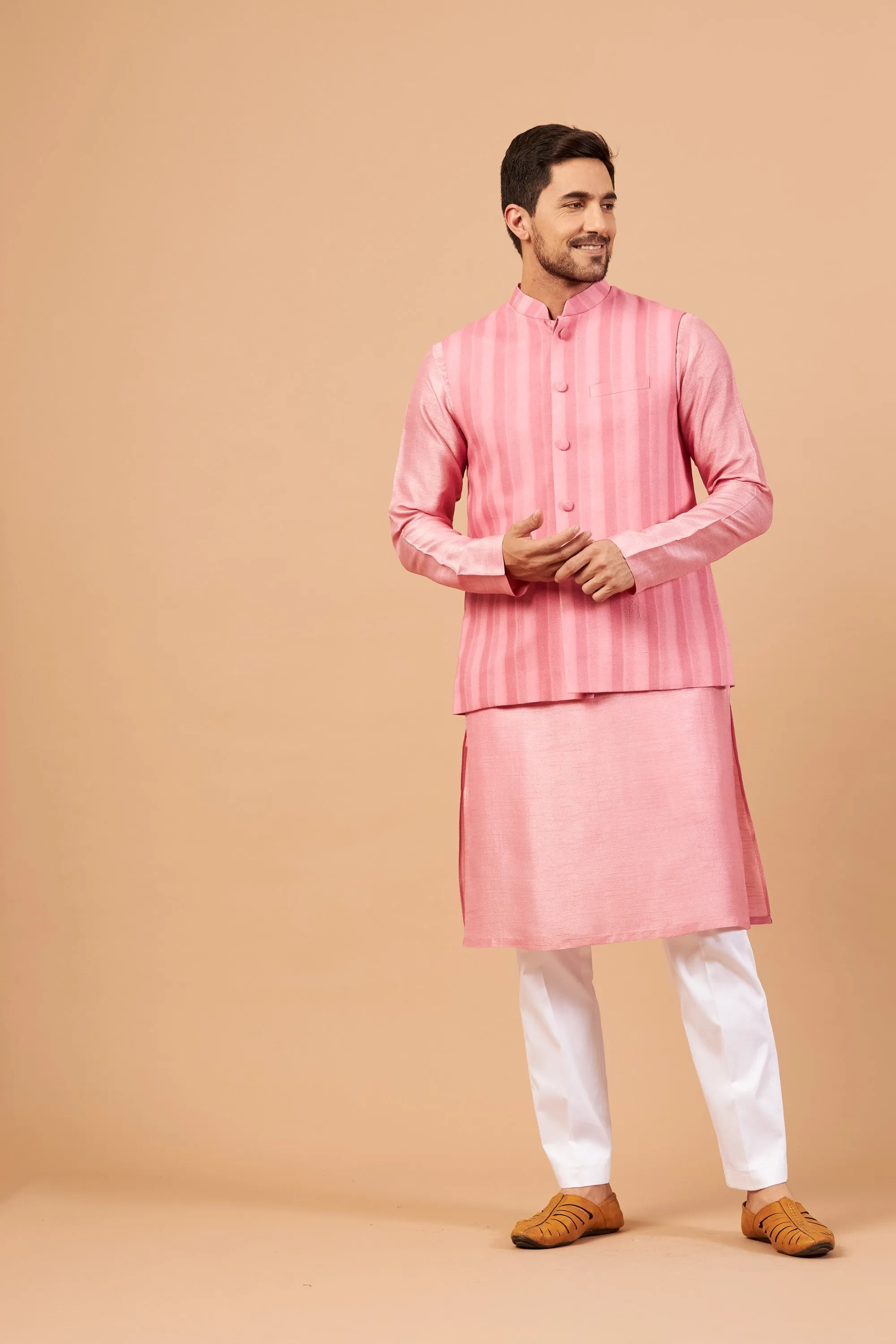 Men's Pink Color Nehru Jacket With Kurta Pant Set - Hilo Design