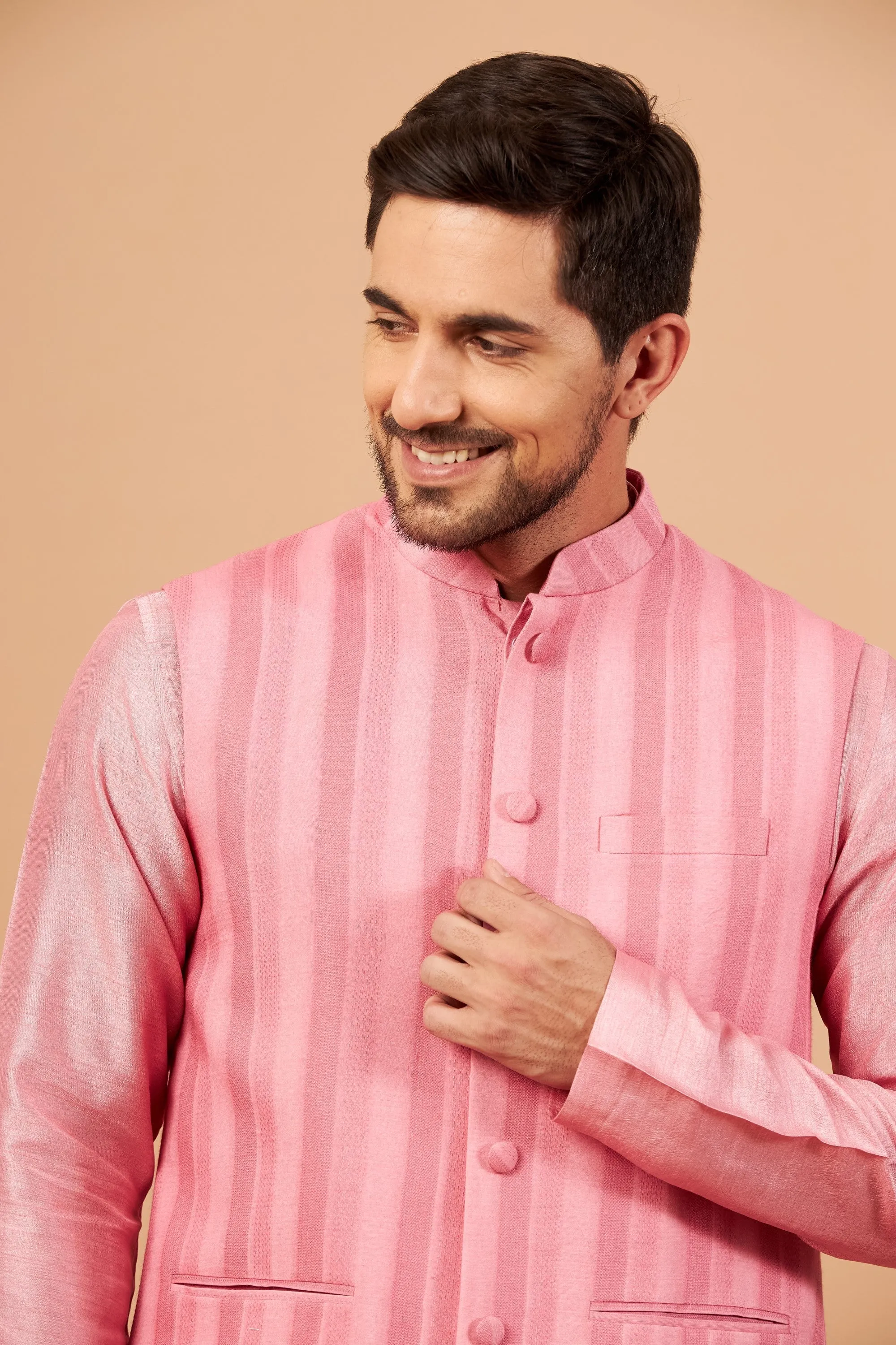 Men's Pink Color Nehru Jacket With Kurta Pant Set - Hilo Design