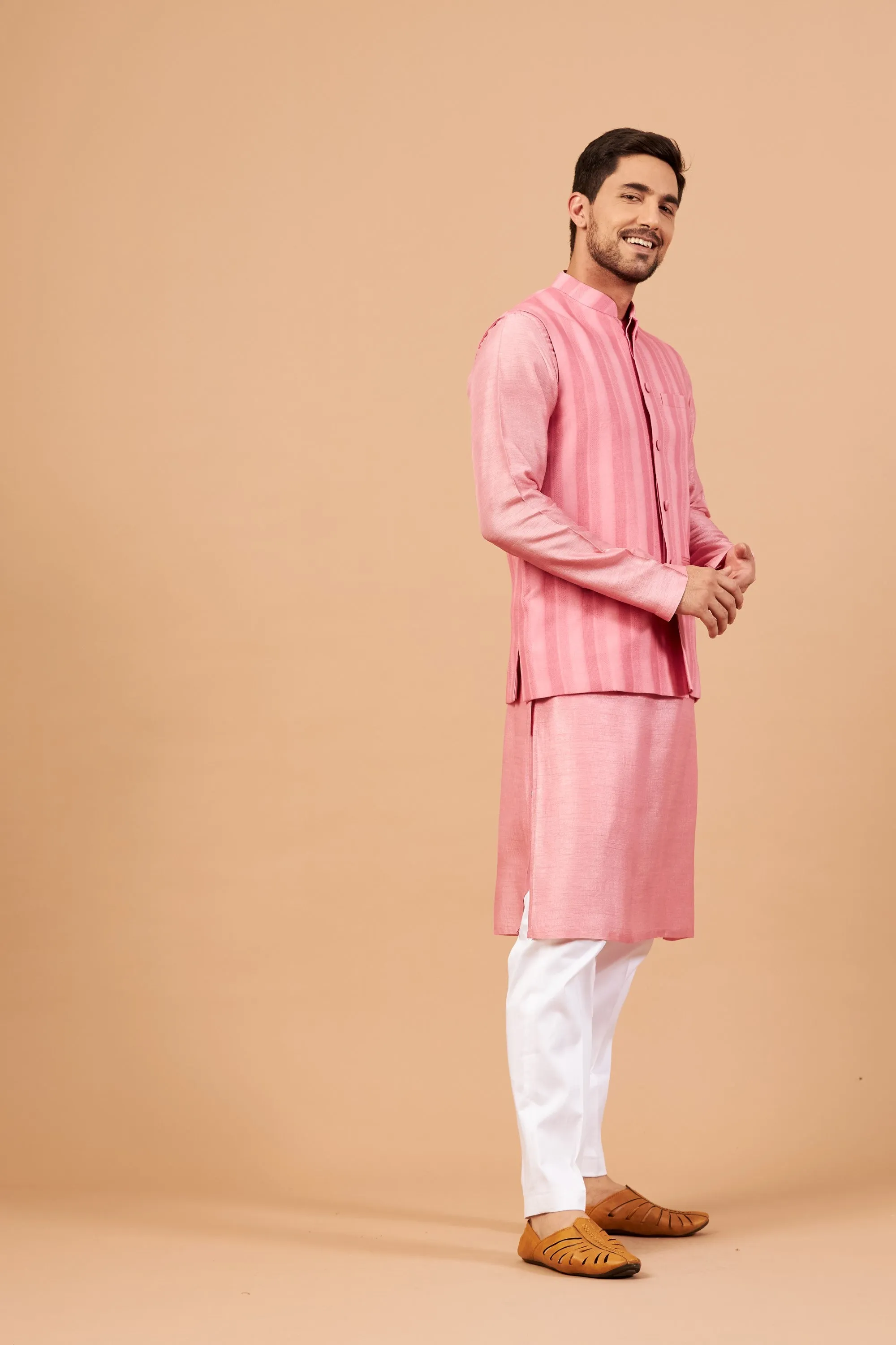 Men's Pink Color Nehru Jacket With Kurta Pant Set - Hilo Design