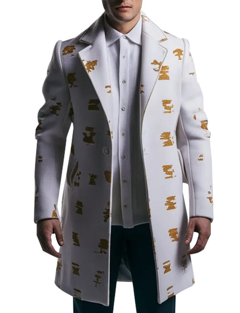 Men's White Elegant OverCoat With Gold Abstract Print