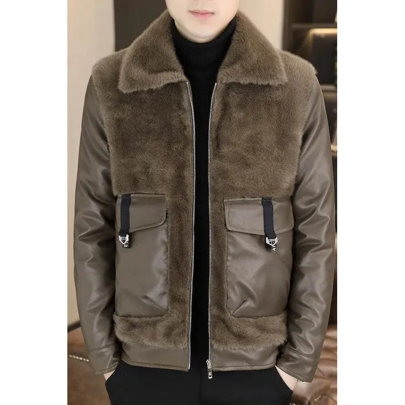 Men's Winter Faux Fur Lined Leather Jacket – Thick Warm Casual Business Overcoat