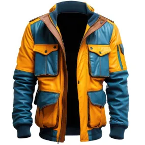 Men’s Yellow Blue Patchwork Premium Sheepskin Flight Leather Jacket