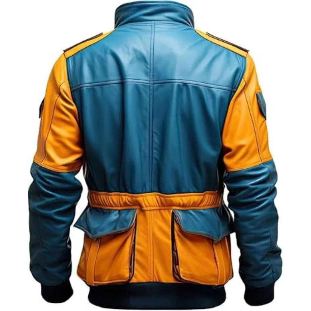 Men’s Yellow Blue Patchwork Premium Sheepskin Flight Leather Jacket