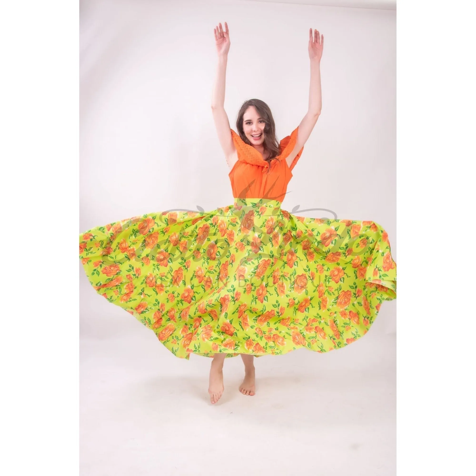 Mexican Folklorico Green Floral Skirt