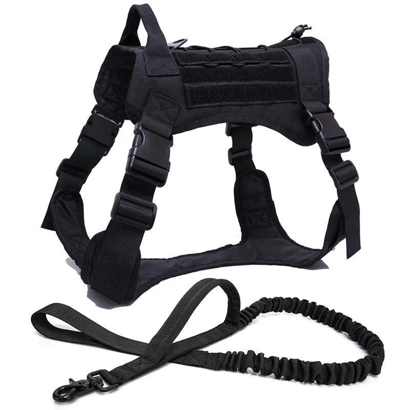 Military Tactical Dog Harness with Handle and Bungee Leash