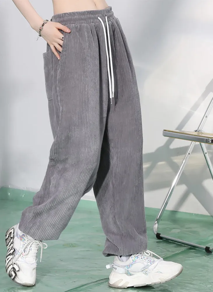 Minimalist Plain Drawstring Corduroy Casual Pants