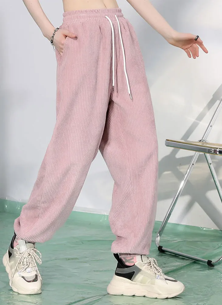 Minimalist Plain Drawstring Corduroy Casual Pants