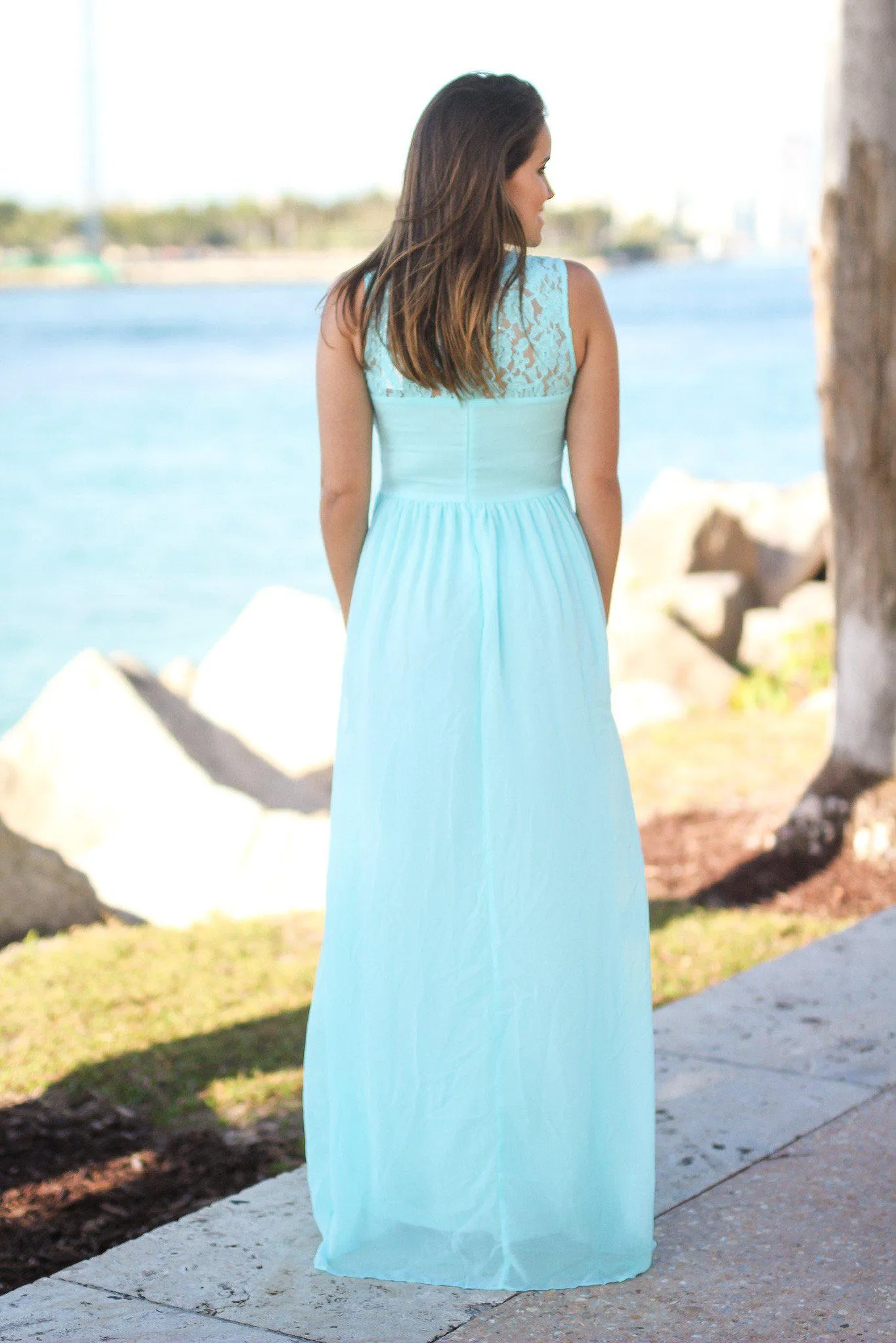 Mint Sleeveless Maxi Dress with Pleated Lace Top