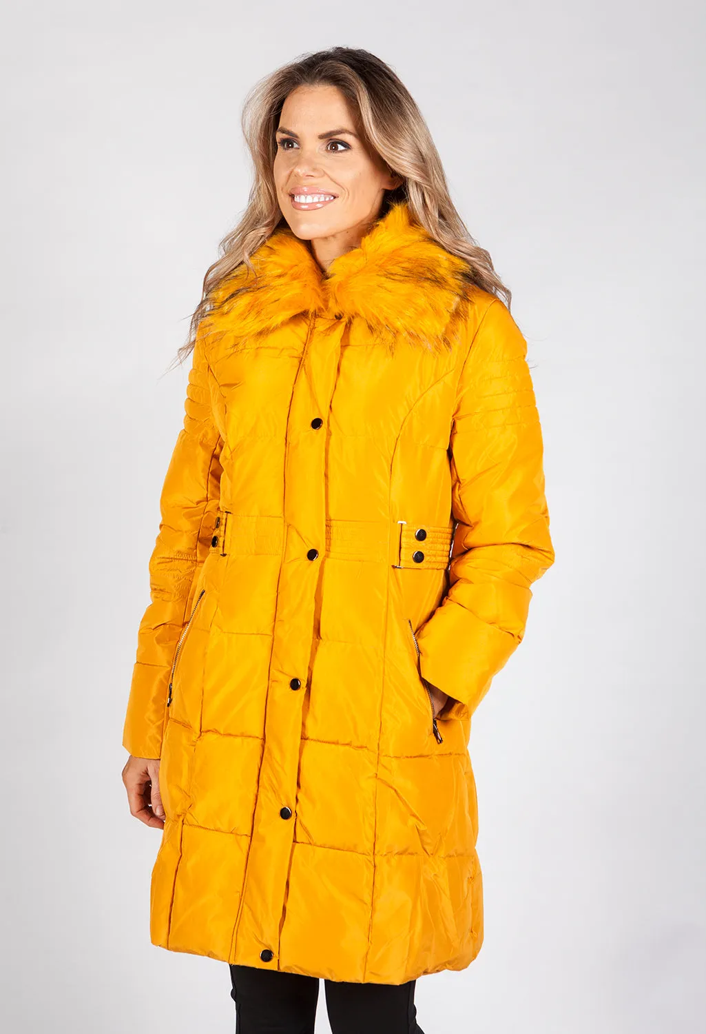 Mustard Belted Coat with Detachable Faux Fur Collar