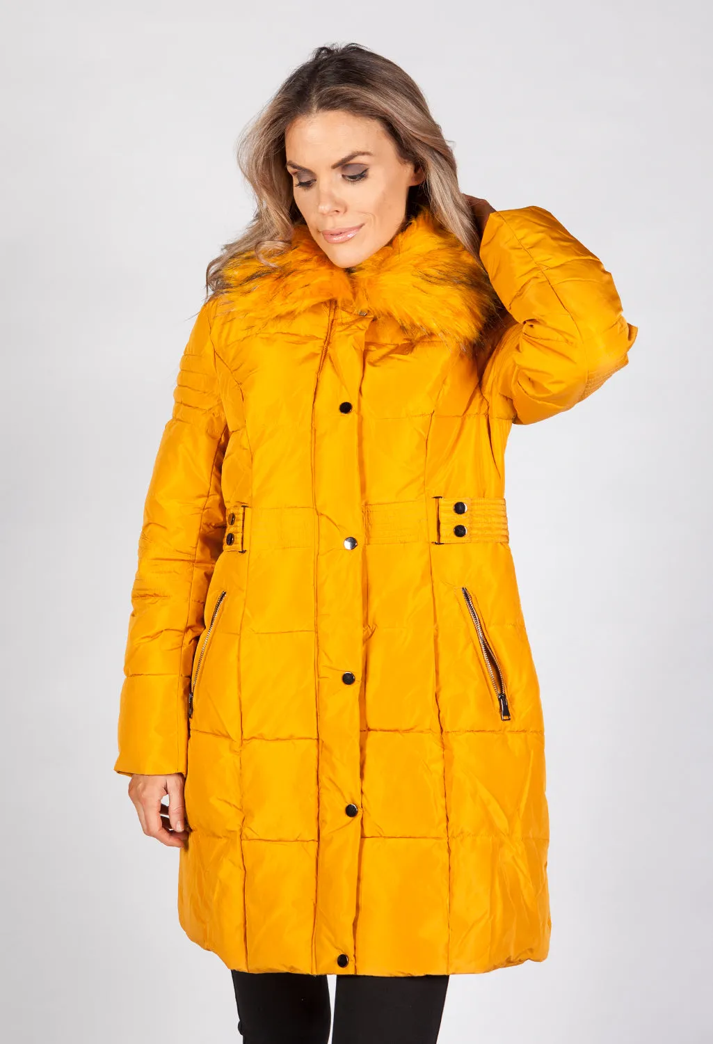 Mustard Belted Coat with Detachable Faux Fur Collar