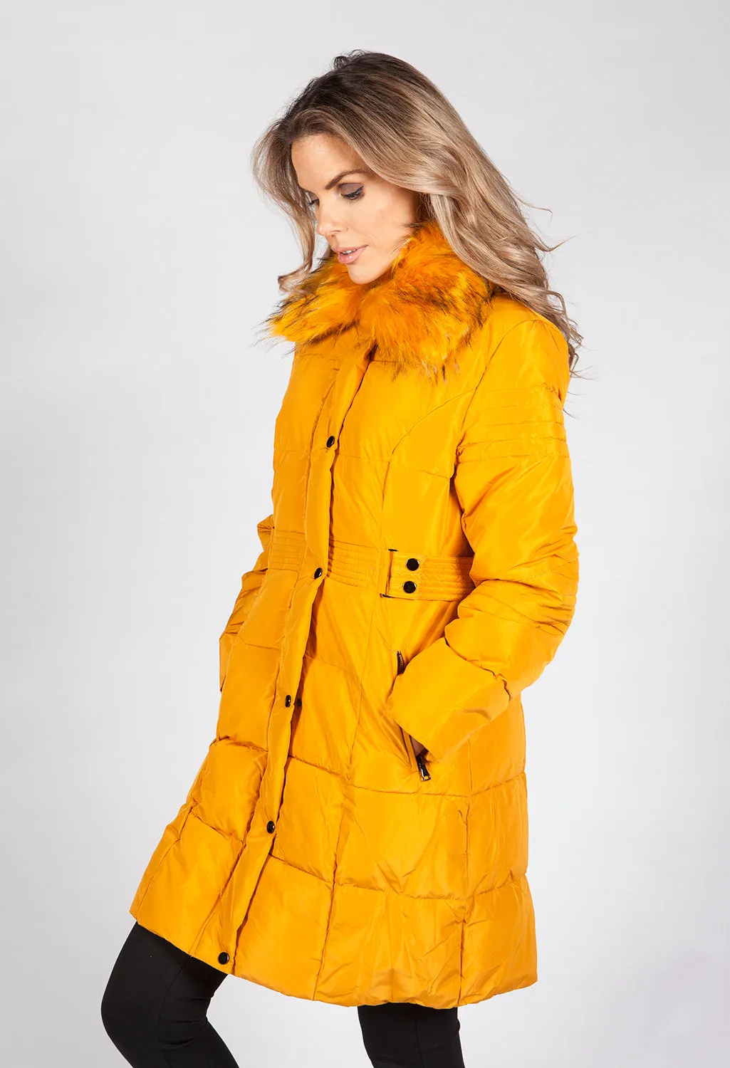 Mustard Belted Coat with Detachable Faux Fur Collar