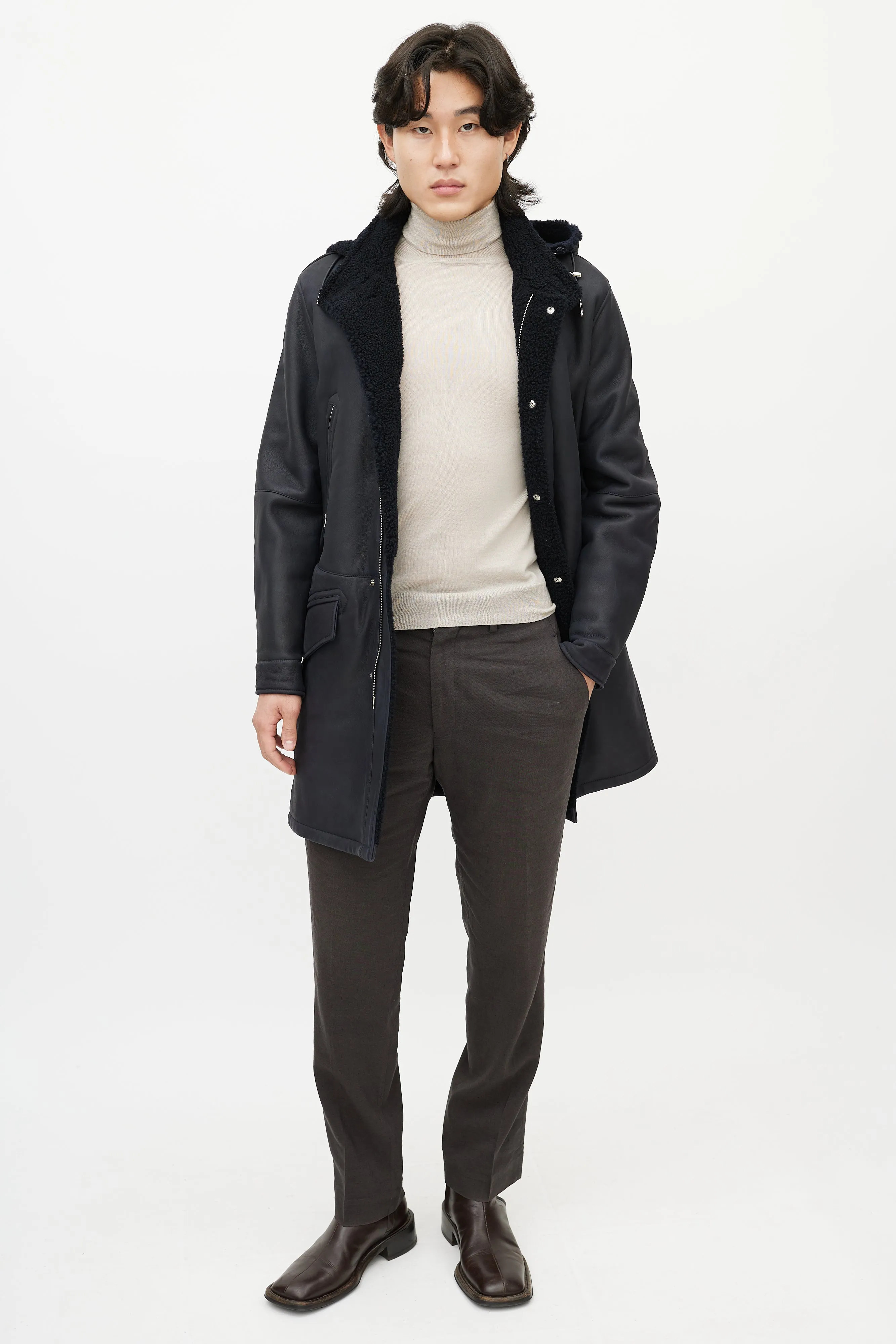 Navy Leather Sherpa Collar Coat