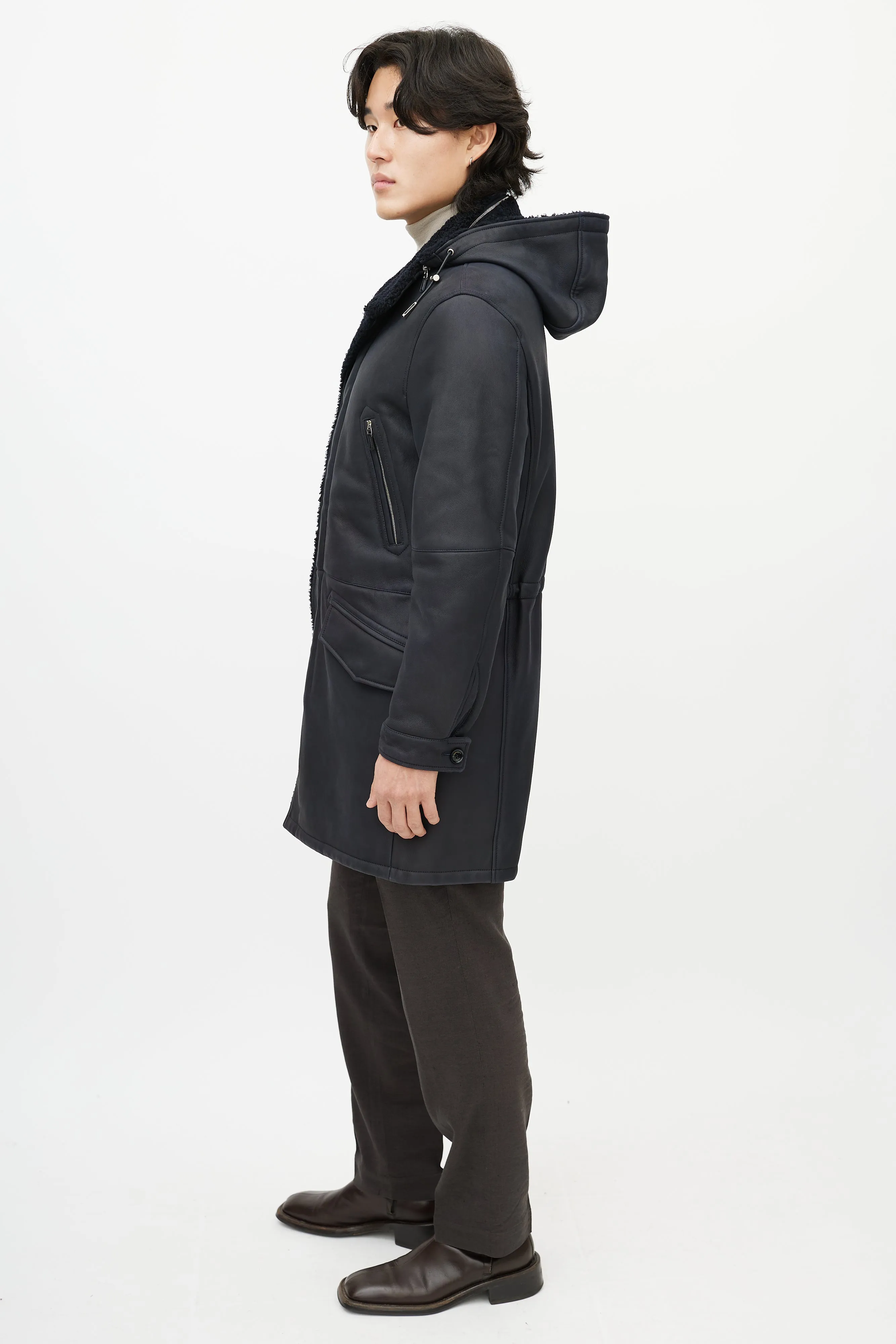 Navy Leather Sherpa Collar Coat