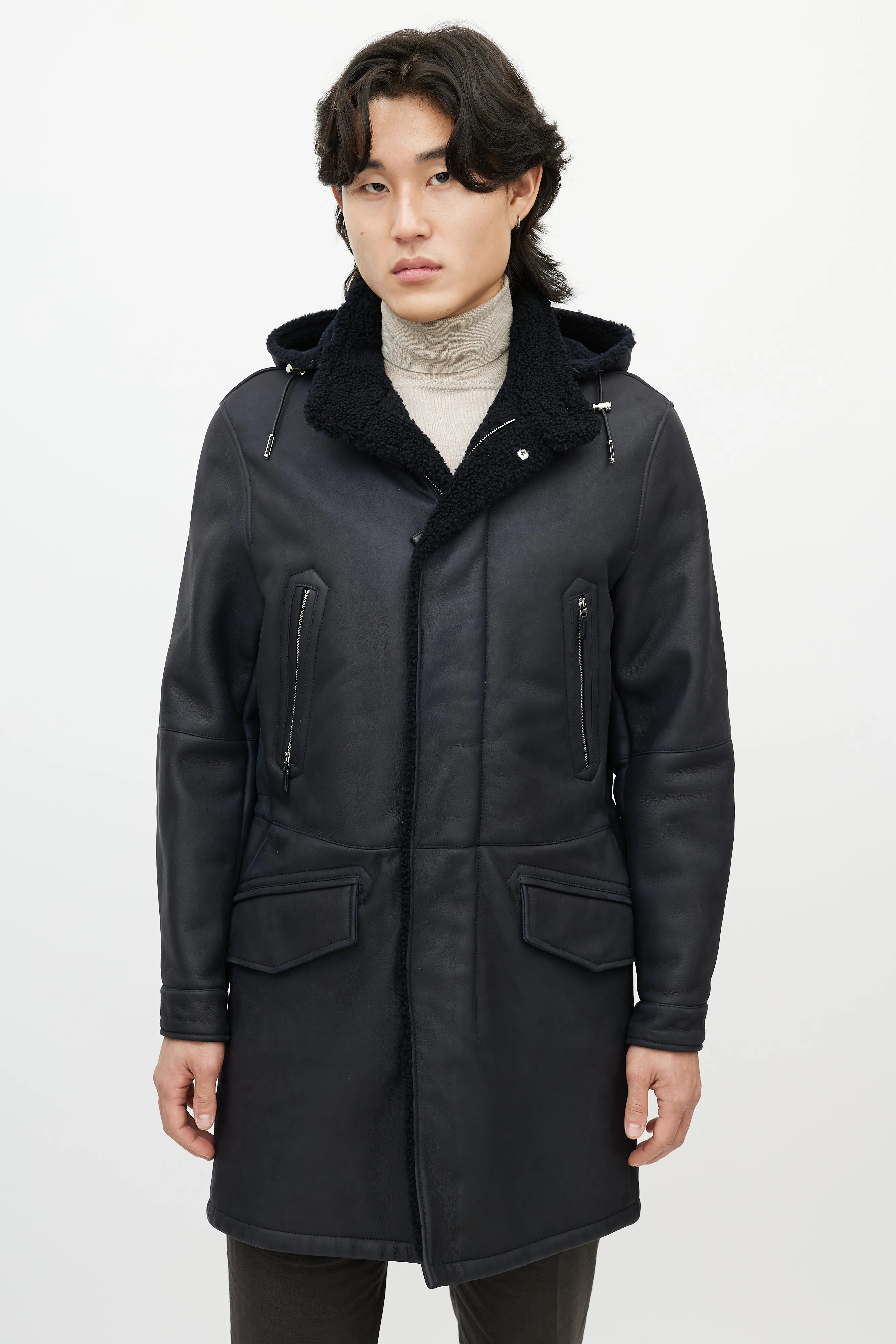 Navy Leather Sherpa Collar Coat