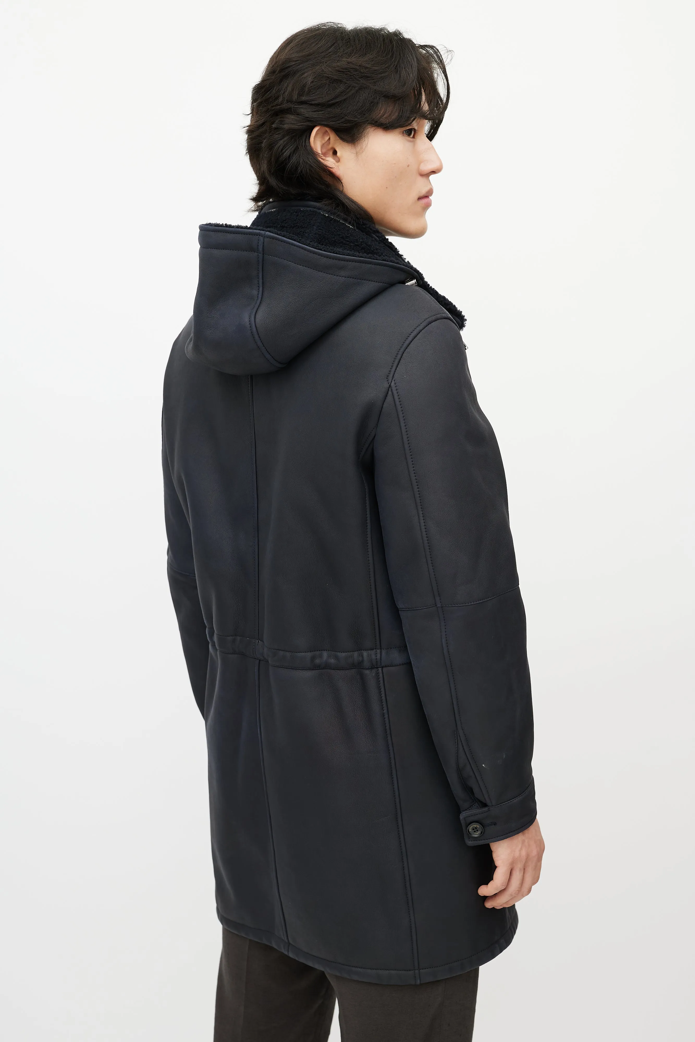 Navy Leather Sherpa Collar Coat