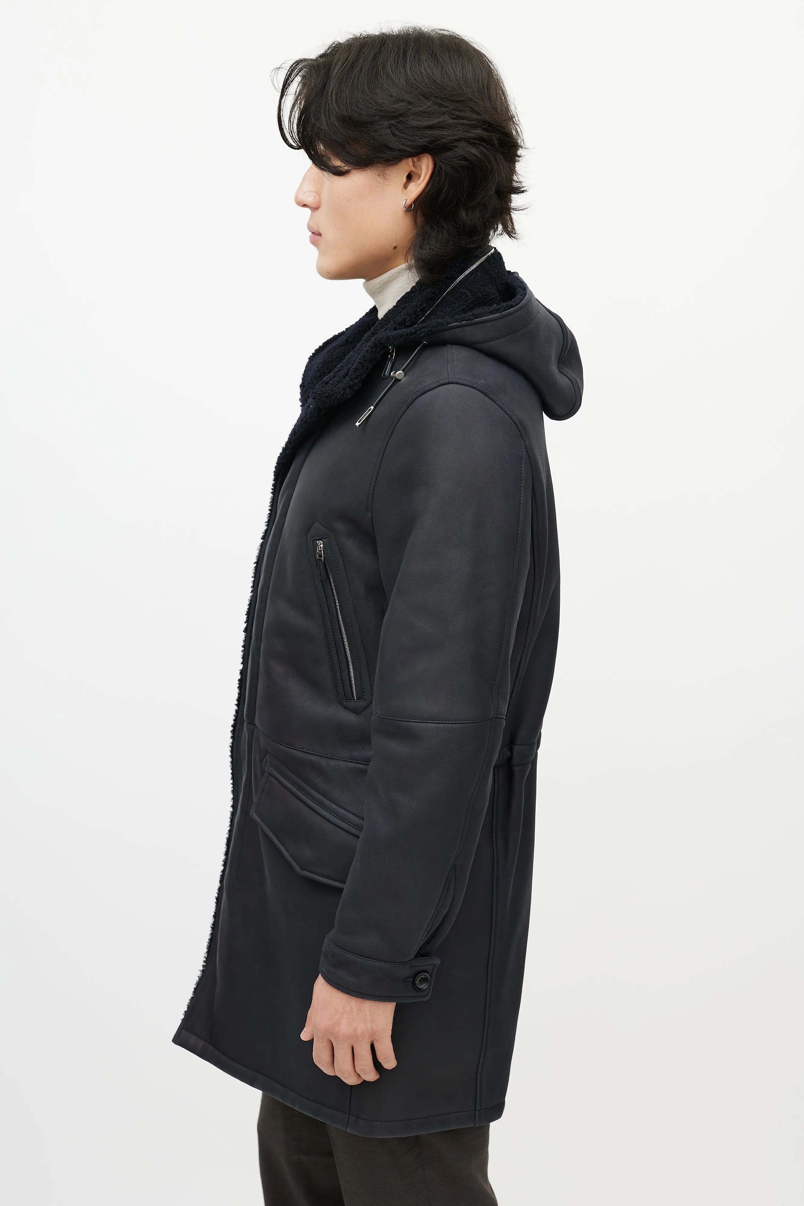 Navy Leather Sherpa Collar Coat