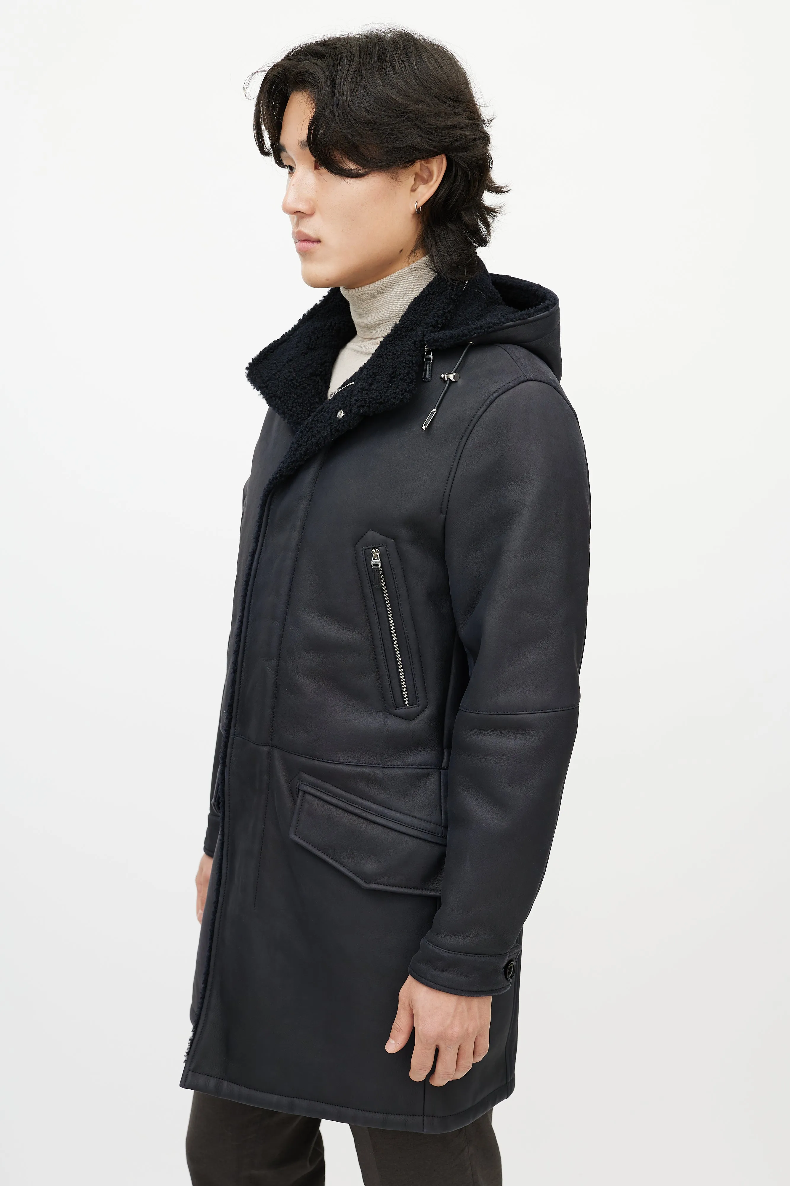 Navy Leather Sherpa Collar Coat