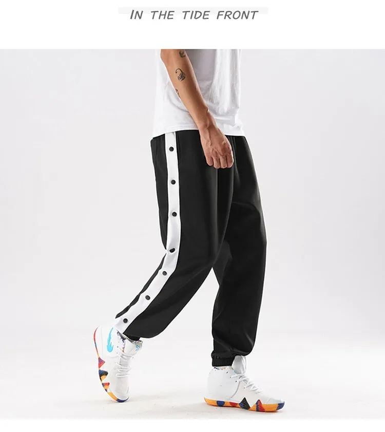 new men hip hop pants side buttons men's elastic waist loose style men joggers trousers