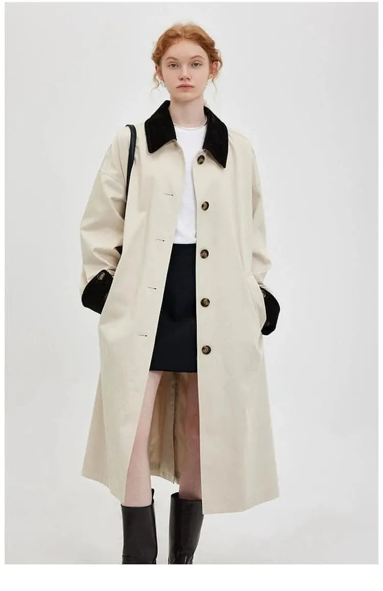 New Retro Color-Block Long Trench Coat