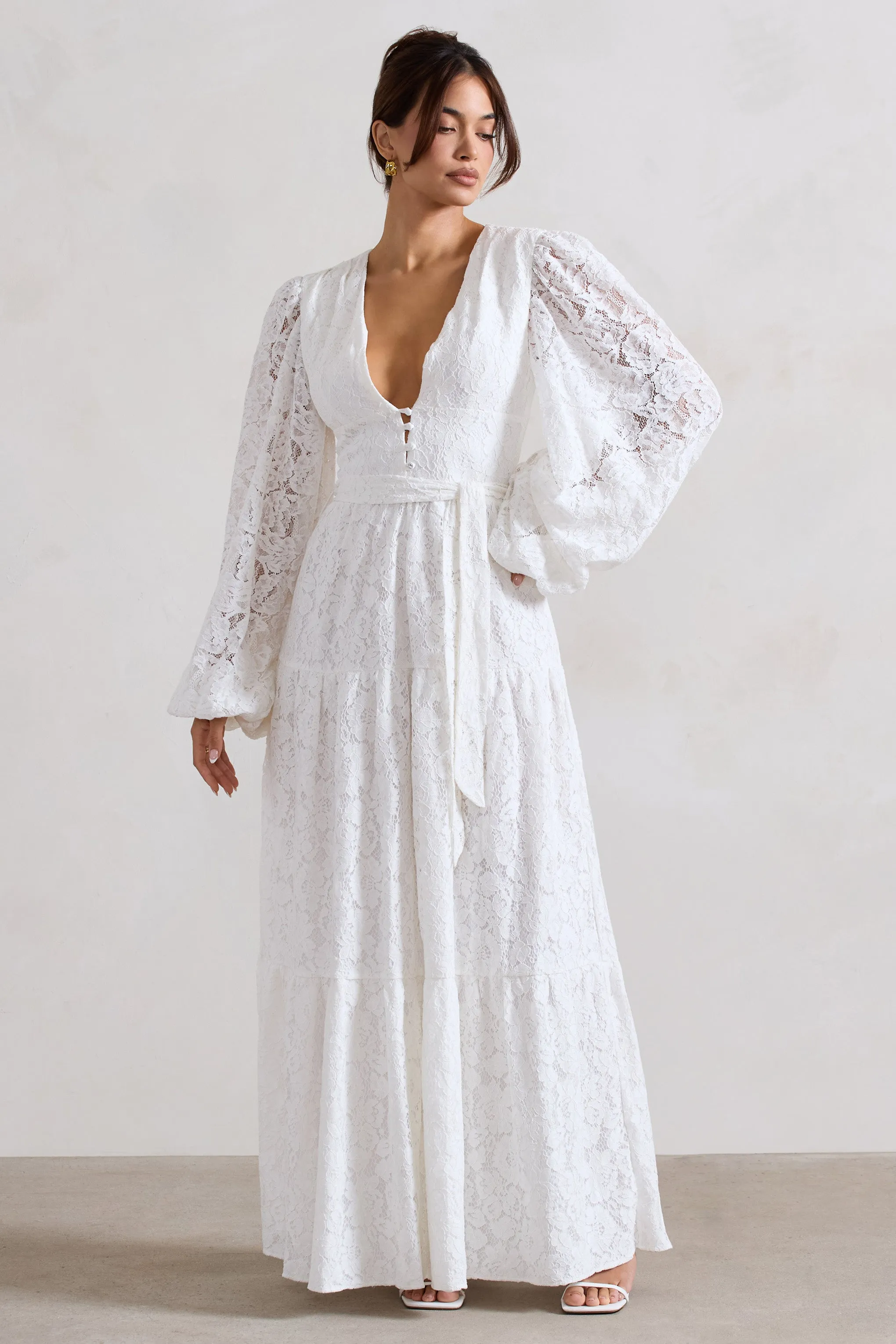 Nixie | White Lace Puff-Sleeve Layered Maxi Dress With Belt