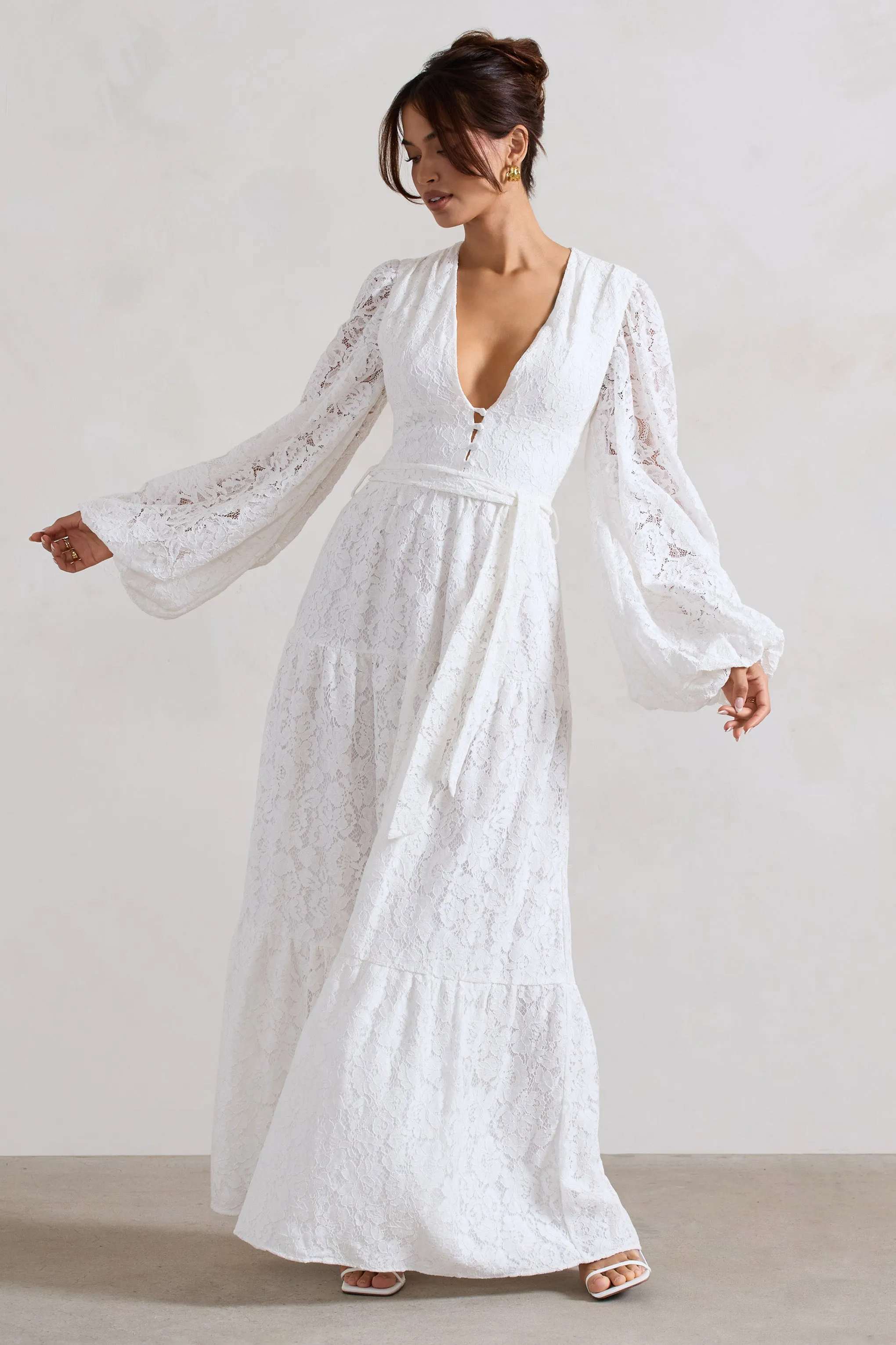 Nixie | White Lace Puff-Sleeve Layered Maxi Dress With Belt