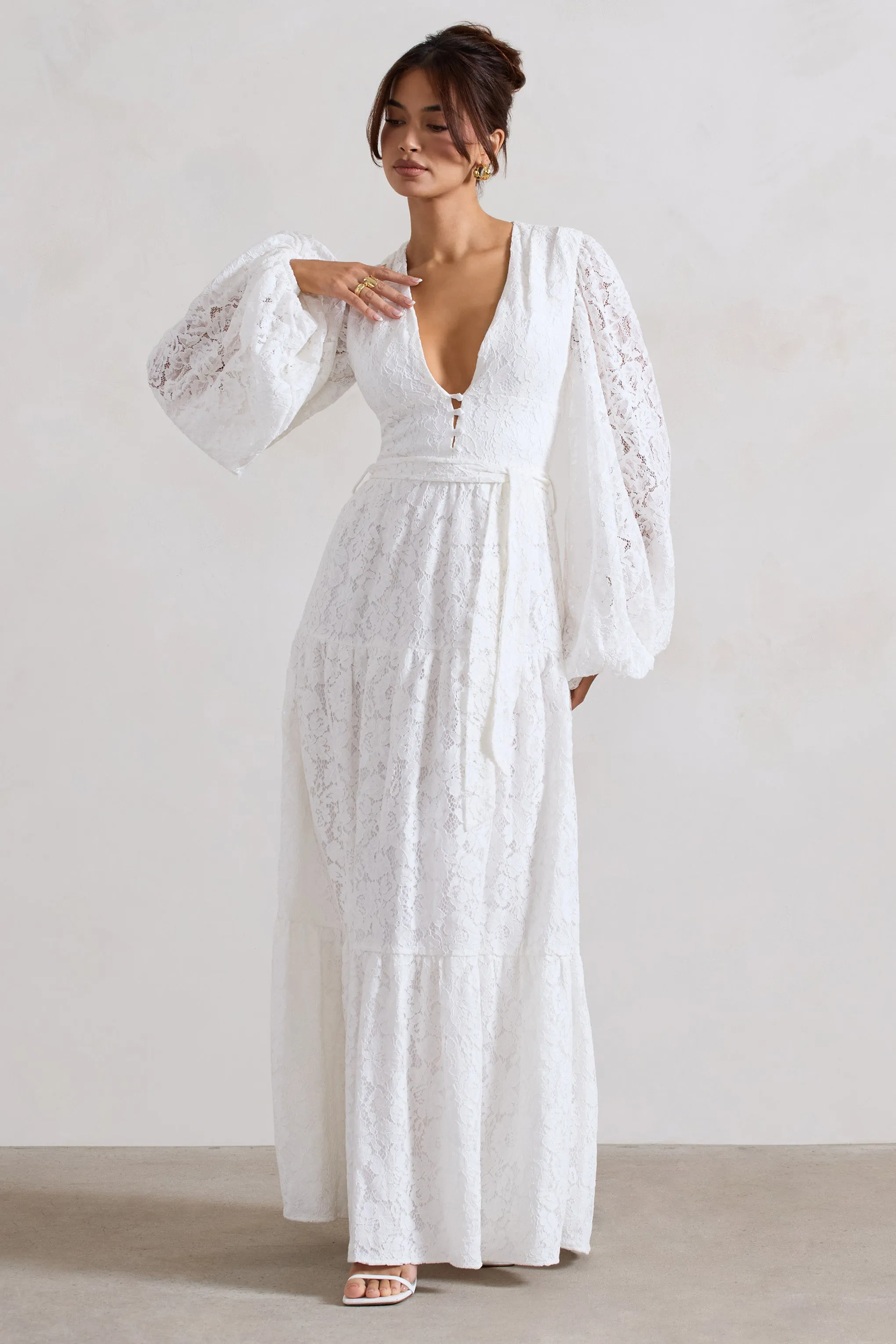 Nixie | White Lace Puff-Sleeve Layered Maxi Dress With Belt