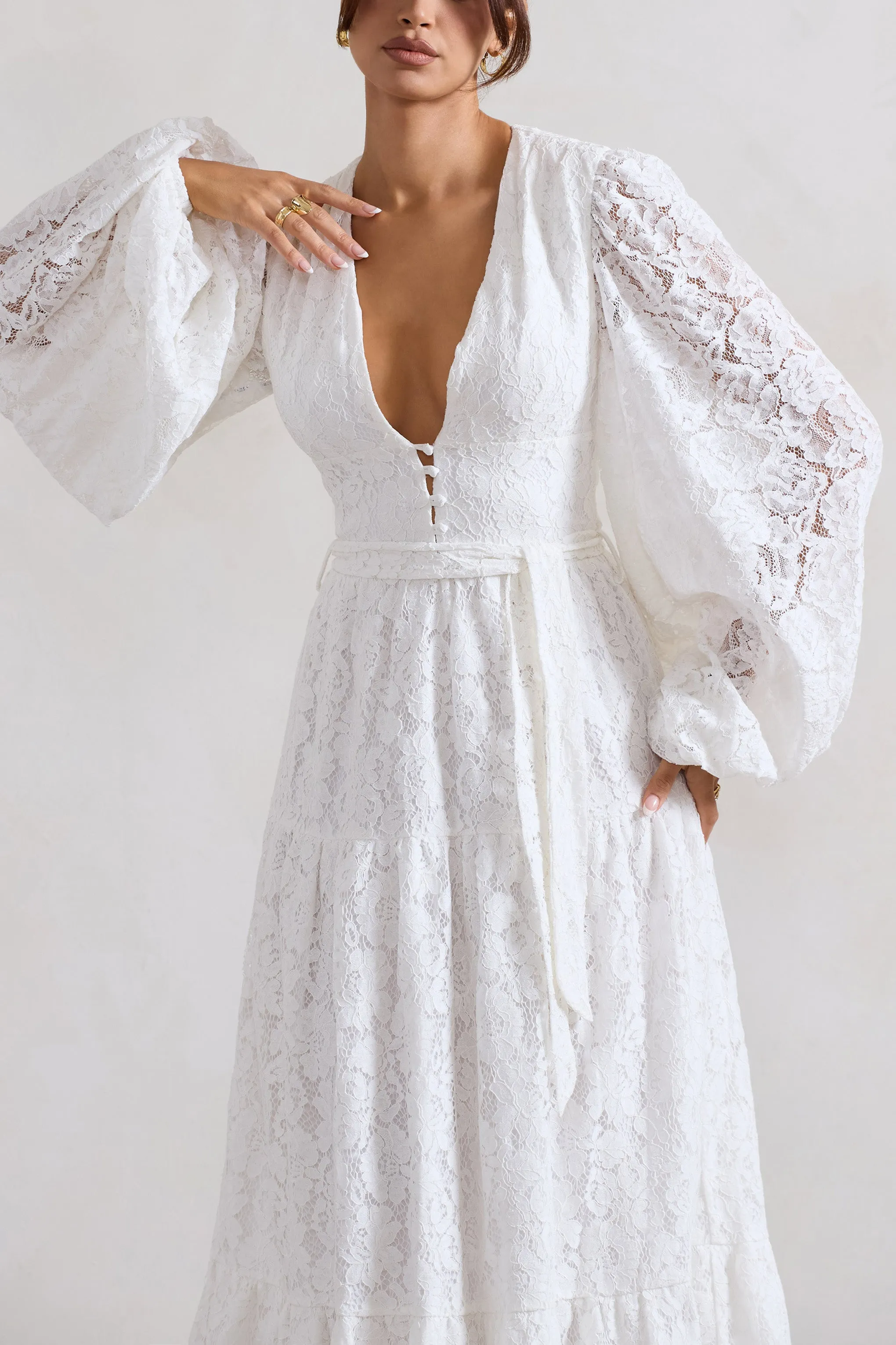 Nixie | White Lace Puff-Sleeve Layered Maxi Dress With Belt