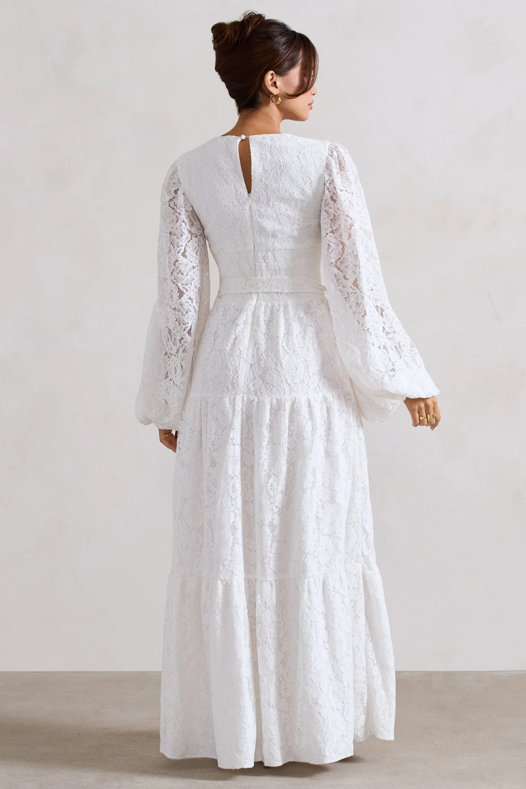 Nixie | White Lace Puff-Sleeve Layered Maxi Dress With Belt