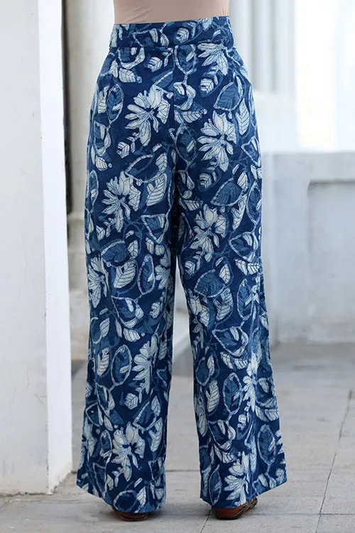 Okhai "Night Glory" Handblock Printed Pure Cotton Indigo Pants