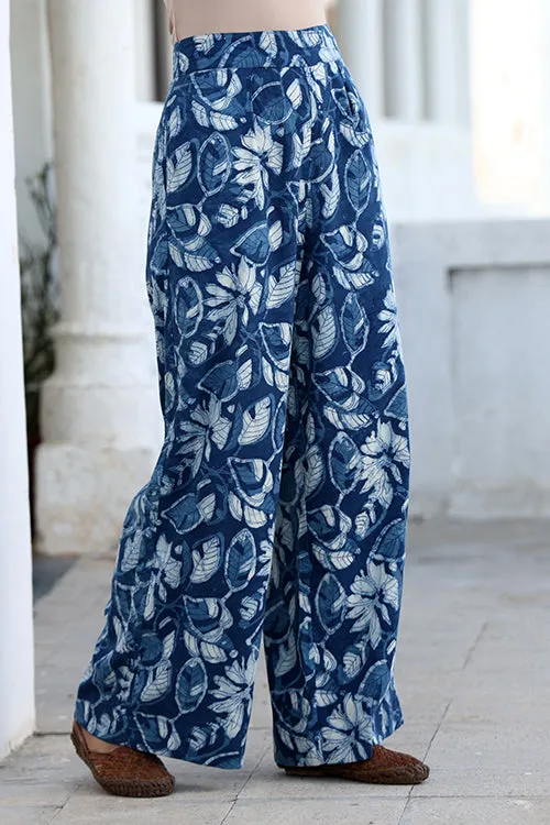 Okhai "Night Glory" Handblock Printed Pure Cotton Indigo Pants